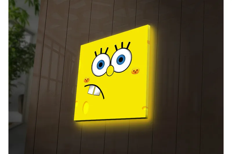 Canvas-taulu LED-valaistuksella 28x28 cm - Iloinen ja ilmeikäs sienihahmo suurilla silmillä, Keltainen / Sininen / Musta