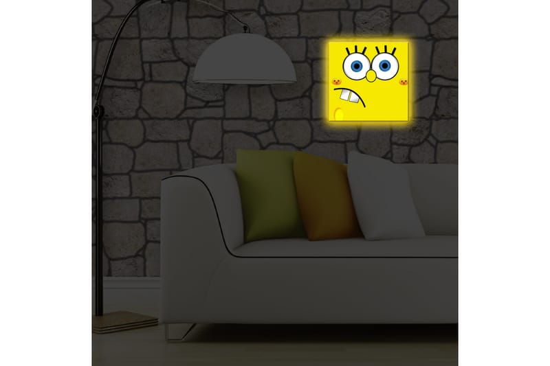 Canvas-taulu LED-valaistuksella 28x28 cm - Iloinen ja ilmeikäs sienihahmo suurilla silmillä - Keltainen / Sininen / Musta - Sisustustuotteet - Taulu & taide - Canvas-taulu