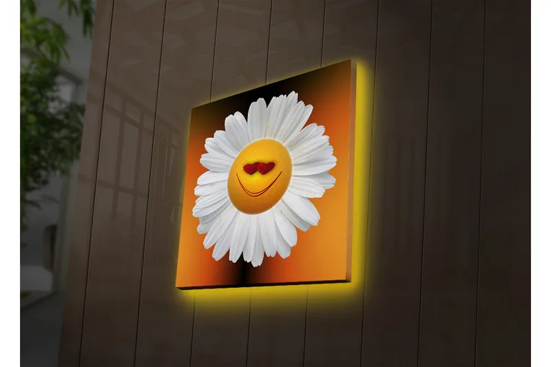 Canvas-taulu LED-valaistuksella 28x28 cm - Iloinen kukka hymyilevillä kasvoilla ja sydämenmuotoisilla silmillä, Valkoinen / Oranssi / Keltainen