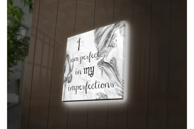 Canvas-taulu LED-valaistuksella 28x28 cm - Inspiroiva lainaus täydellisyydestä epätäydellisyyksissäsi, Musta / Harmaa / Valkoinen