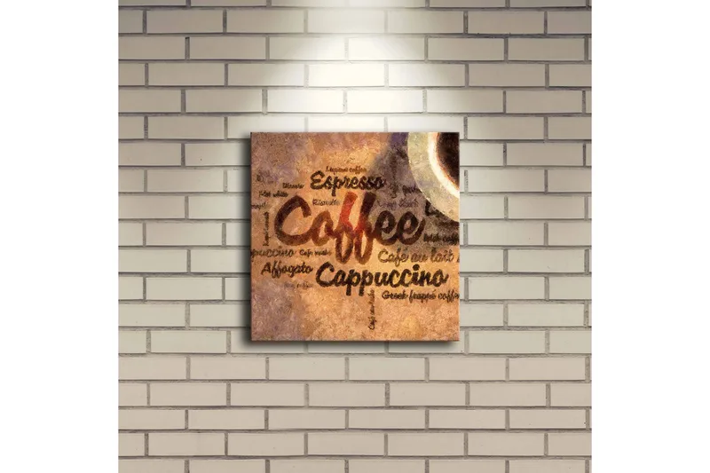 Canvas-taulu LED-valaistuksella 28x28 cm - Kahviaiheinen taideteos tekstillä ja kahvikupeilla - Ruskea / Beige / Musta - Sisustustuotteet - Taulu & taide - Canvas-taulu