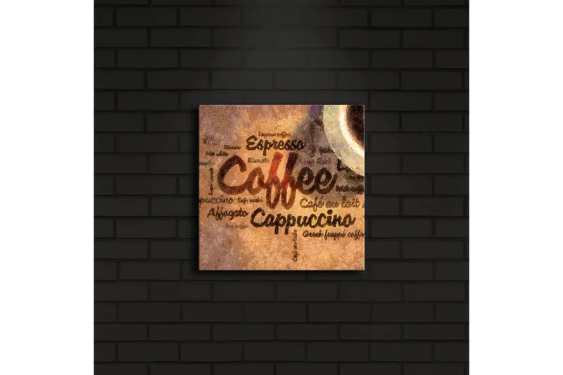 Canvas-taulu LED-valaistuksella 28x28 cm - Kahviaiheinen taideteos tekstillä ja kahvikupeilla - Ruskea / Beige / Musta - Sisustustuotteet - Taulu & taide - Canvas-taulu