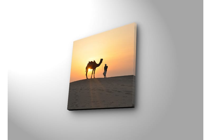 Canvas-taulu LED-valaistuksella 28x28 cm - Kameli ja mies auringonlaskussa hiekkadyyneillä - Oranssi / Keltainen / Musta - Sisustustuotteet - Taulu & taide - Canvas-taulu