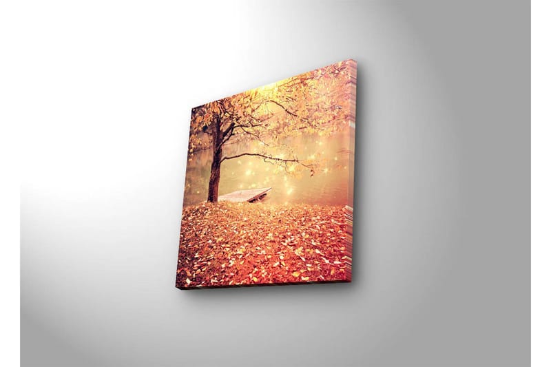 Canvas-taulu LED-valaistuksella 28x28 cm - Kaunis syysmaisema, jossa puu ja vene peilimäisen järven rannalla - Oranssi / Kulta / Ruskea - Sisustustuotteet - Taulu & taide - Canvas-taulu