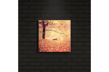 Canvas-taulu LED-valaistuksella 28x28 cm - Kaunis syysmaisema, jossa puu ja vene peilimäisen järven rannalla - Oranssi / Kulta / Ruskea - Sisustustuotteet - Taulu & taide - Canvas-taulu