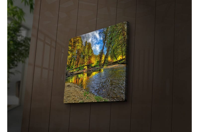 Canvas-taulu LED-valaistuksella 28x28 cm - Kaunis syysmaisema värikkäine puineen peilimäisen joen rannalla - Vihreä / Oranssi / Sininen - Sisustustuotteet - Taulu & taide - Canvas-taulu
