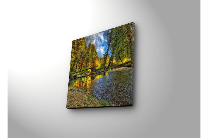 Canvas-taulu LED-valaistuksella 28x28 cm - Kaunis syysmaisema värikkäine puineen peilimäisen joen rannalla - Vihreä / Oranssi / Sininen - Sisustustuotteet - Taulu & taide - Canvas-taulu