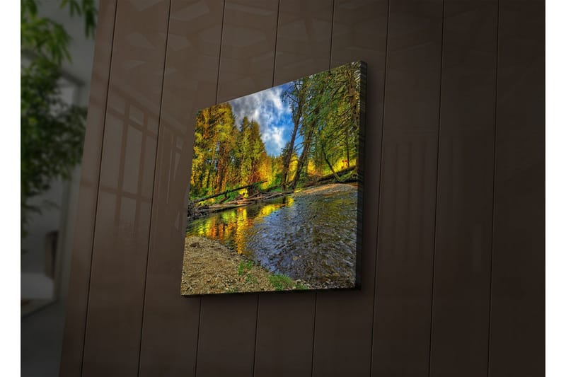 Canvas-taulu LED-valaistuksella 28x28 cm - Kaunis syysmaisema värikkäine puineen peilimäisen joen rannalla - Vihreä / Oranssi / Sininen - Sisustustuotteet - Taulu & taide - Canvas-taulu