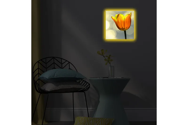 Canvas-taulu LED-valaistuksella 28x28 cm - Kaunis tulppaani kirkkaan oranssissa värissä - Oranssi / Vihreä / Musta - Sisustustuotteet - Taulu & taide - Canvas-taulu