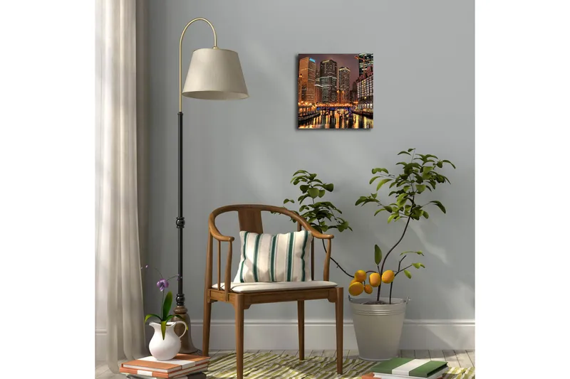 Canvas-taulu LED-valaistuksella 28x28 cm - Kaupungin siluetti valaistuilla pilvenpiirtäjillä veden reunalla - Kulta / Sininen / Musta - Sisustustuotteet - Taulu & taide - Canvas-taulu