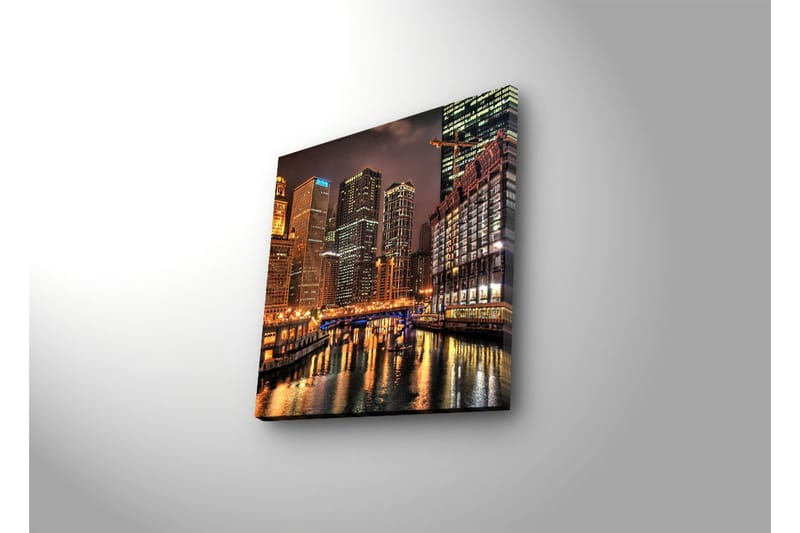 Canvas-taulu LED-valaistuksella 28x28 cm - Kaupungin siluetti valaistuilla pilvenpiirtäjillä veden reunalla - Kulta / Sininen / Musta - Sisustustuotteet - Taulu & taide - Canvas-taulu