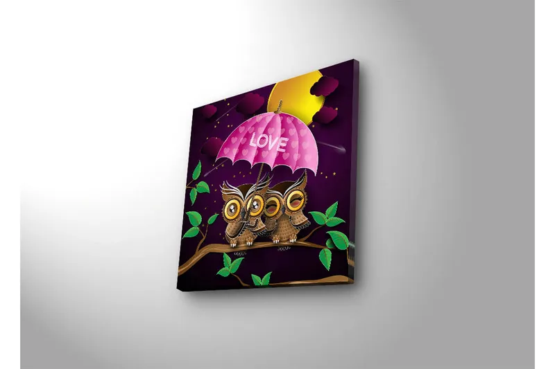 Canvas-taulu LED-valaistuksella 28x28 cm - Kolme pöllöä vaaleanpunaisen sateenvarjon alla tekstillä LOVE - Violetti / Vaaleanpunainen / Vihreä - Sisustustuotteet - Taulu & taide - Canvas-taulu
