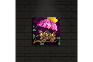 Canvas-taulu LED-valaistuksella 28x28 cm - Kolme pöllöä vaaleanpunaisen sateenvarjon alla tekstillä LOVE - Violetti / Vaaleanpunainen / Vihreä - Sisustustuotteet - Taulu & taide - Canvas-taulu