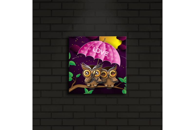 Canvas-taulu LED-valaistuksella 28x28 cm - Kolme pöllöä vaaleanpunaisen sateenvarjon alla tekstillä LOVE - Violetti / Vaaleanpunainen / Vihreä - Sisustustuotteet - Taulu & taide - Canvas-taulu
