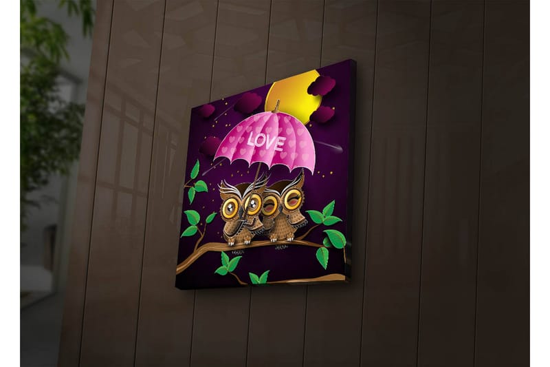 Canvas-taulu LED-valaistuksella 28x28 cm - Kolme pöllöä vaaleanpunaisen sateenvarjon alla tekstillä LOVE, Violetti / Vaaleanpunainen / Vihreä