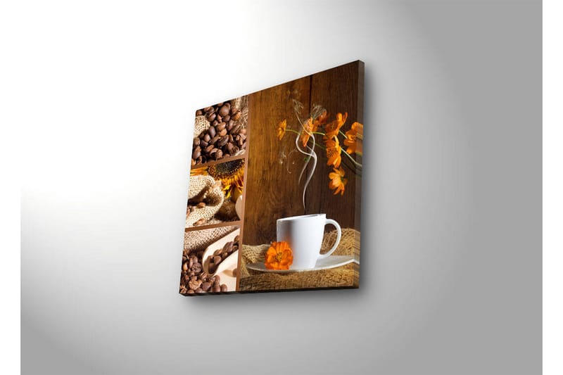 Canvas-taulu LED-valaistuksella 28x28 cm - Kuppi höyryävää kahvia ja oranssikukkia lämpimässä ympäristössä - Ruskea / Oranssi / Valkoinen - Sisustustuotteet - Taulu & taide - Canvas-taulu