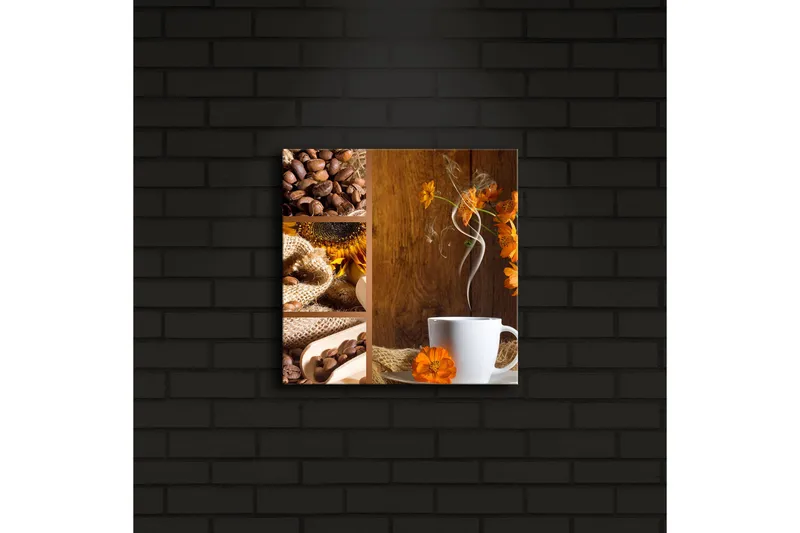 Canvas-taulu LED-valaistuksella 28x28 cm - Kuppi höyryävää kahvia ja oranssikukkia lämpimässä ympäristössä - Ruskea / Oranssi / Valkoinen - Sisustustuotteet - Taulu & taide - Canvas-taulu