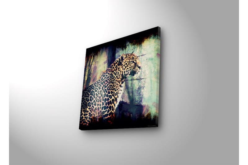 Canvas-taulu LED-valaistuksella 28x28 cm - Leopardi seisoo ylpeänä katse eteenpäin suunnattuna - Kulta / Vihreä / Musta - Sisustustuotteet - Taulu & taide - Canvas-taulu