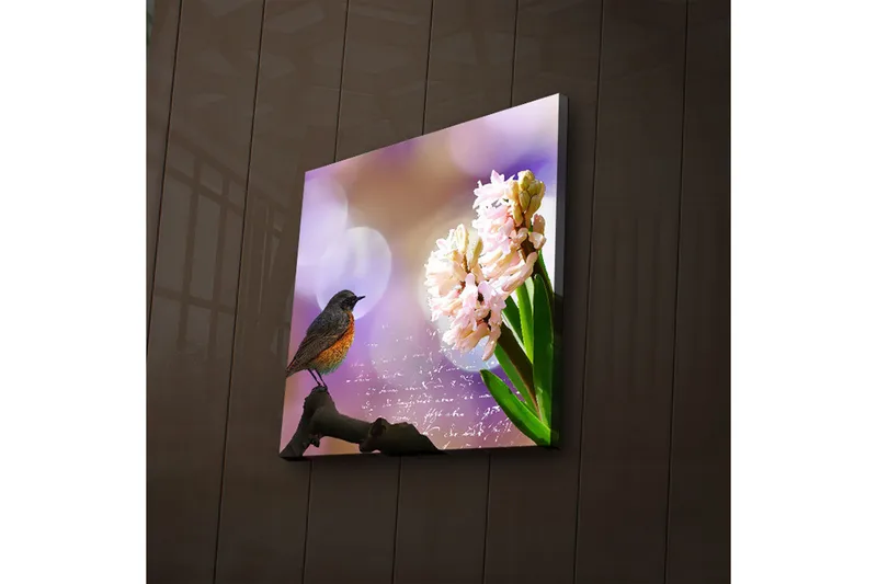 Canvas-taulu LED-valaistuksella 28x28 cm - Lintu oksalla, kukat keskipisteenä, Vaaleanpunainen / Vihreä / Violetti