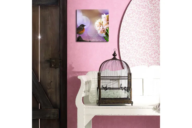 Canvas-taulu LED-valaistuksella 28x28 cm - Lintu oksalla, kukat keskipisteenä - Vaaleanpunainen / Vihreä / Violetti - Sisustustuotteet - Taulu & taide - Canvas-taulu