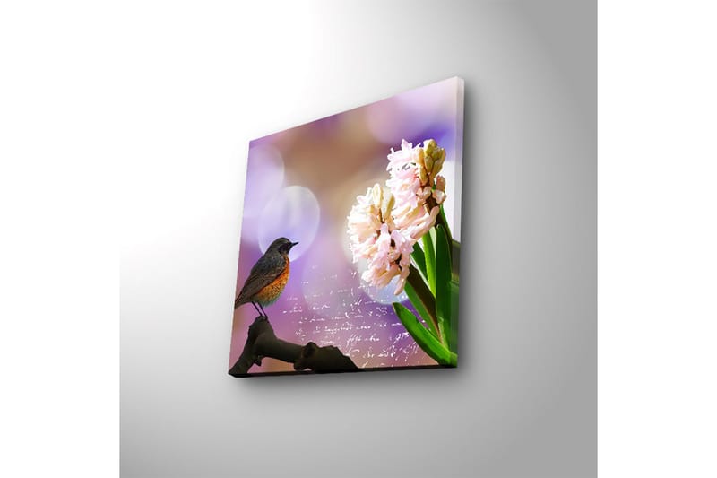 Canvas-taulu LED-valaistuksella 28x28 cm - Lintu oksalla, kukat keskipisteenä - Vaaleanpunainen / Vihreä / Violetti - Sisustustuotteet - Taulu & taide - Canvas-taulu
