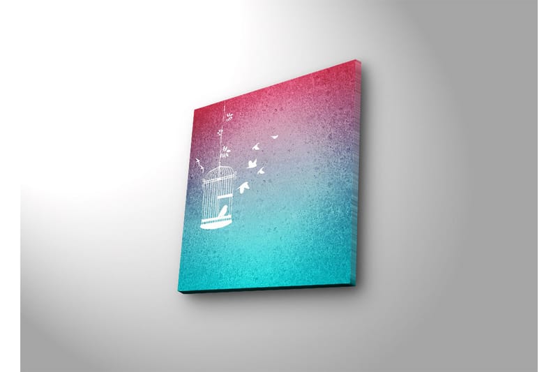 Canvas-taulu LED-valaistuksella 28x28 cm - Lumoava lintuhäkki lentävillä linnuilla unenomaisella taustalla - Vaaleanpunainen / Turkoosi - Sisustustuotteet - Taulu & taide - Canvas-taulu