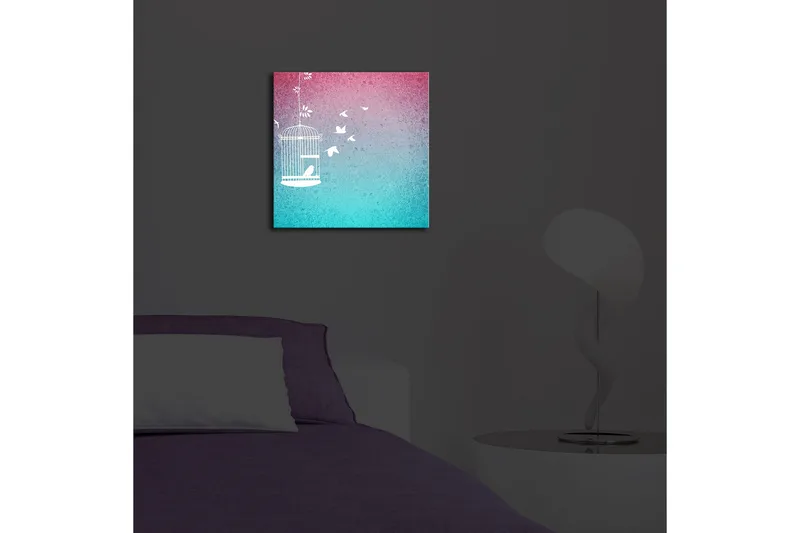 Canvas-taulu LED-valaistuksella 28x28 cm - Lumoava lintuhäkki lentävillä linnuilla unenomaisella taustalla - Vaaleanpunainen / Turkoosi - Sisustustuotteet - Taulu & taide - Canvas-taulu