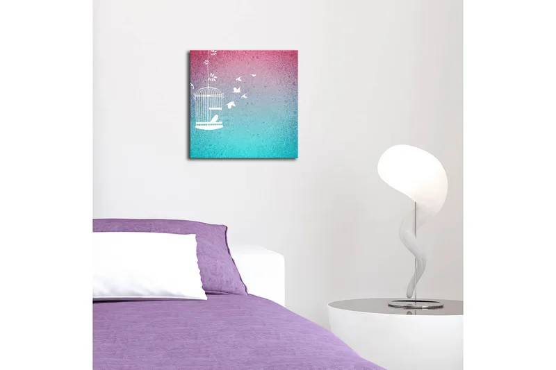 Canvas-taulu LED-valaistuksella 28x28 cm - Lumoava lintuhäkki lentävillä linnuilla unenomaisella taustalla - Vaaleanpunainen / Turkoosi - Sisustustuotteet - Taulu & taide - Canvas-taulu