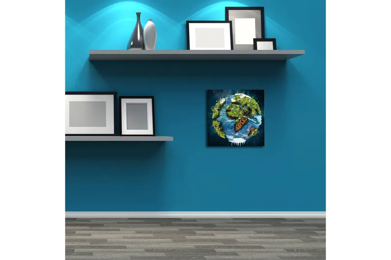 Canvas-taulu LED-valaistuksella 28x28 cm - Maa rehevillä maisemilla ja vesipinnoilla - Vihreä / Sininen / Ruskea - Sisustustuotteet - Taulu & taide - Canvas-taulu