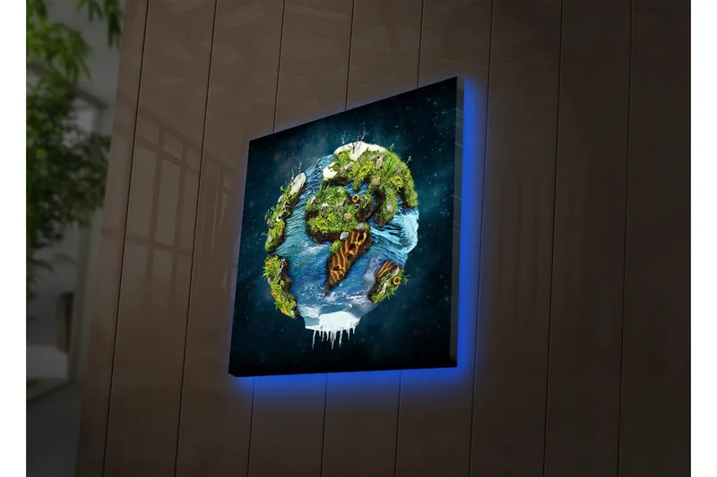 Canvas-taulu LED-valaistuksella 28x28 cm - Maa rehevillä maisemilla ja vesipinnoilla, Vihreä / Sininen / Ruskea