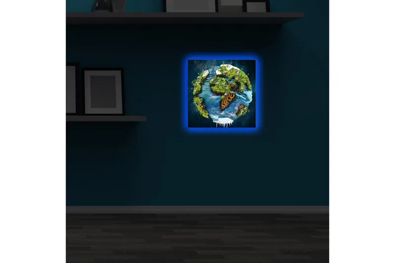 Canvas-taulu LED-valaistuksella 28x28 cm - Maa rehevillä maisemilla ja vesipinnoilla - Vihreä / Sininen / Ruskea - Sisustustuotteet - Taulu & taide - Canvas-taulu