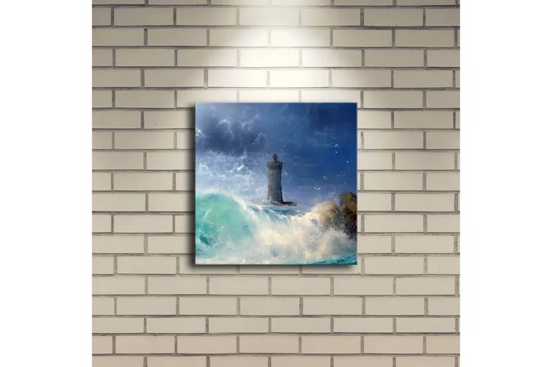 Canvas-taulu LED-valaistuksella 28x28 cm - Majakka myrskyisällä merellä - Sininen / Vihreä / Valkoinen - Sisustustuotteet - Taulu & taide - Canvas-taulu