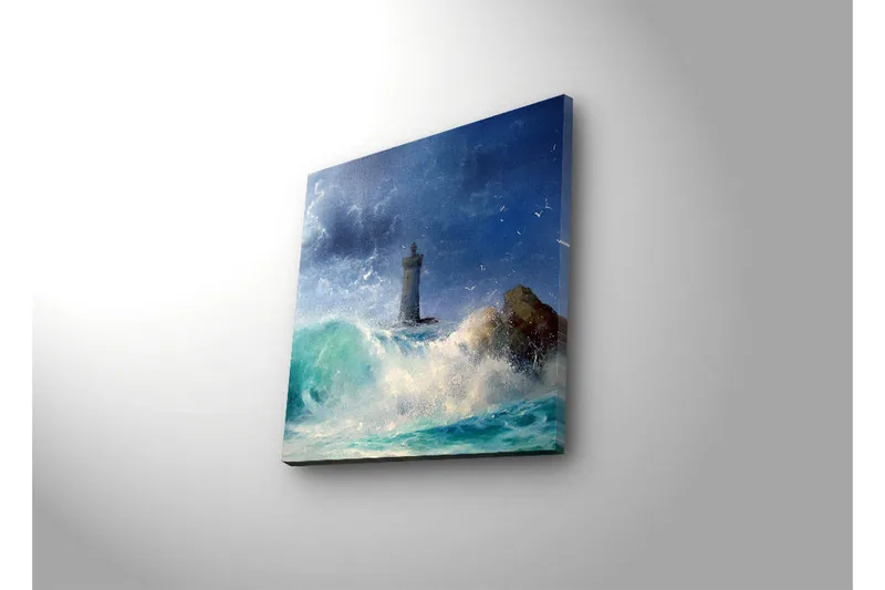 Canvas-taulu LED-valaistuksella 28x28 cm - Majakka myrskyisällä merellä - Sininen / Vihreä / Valkoinen - Sisustustuotteet - Taulu & taide - Canvas-taulu