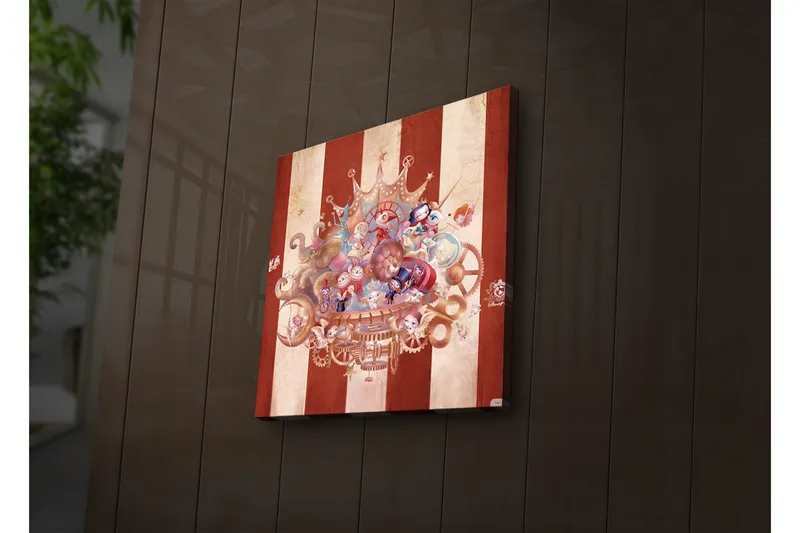 Canvas-taulu LED-valaistuksella 28x28 cm - Mielikuvituksellinen sommitelma leikkisillä hahmoilla ja mekaanisilla yksityiskohdilla, Punainen / Beige / Sininen