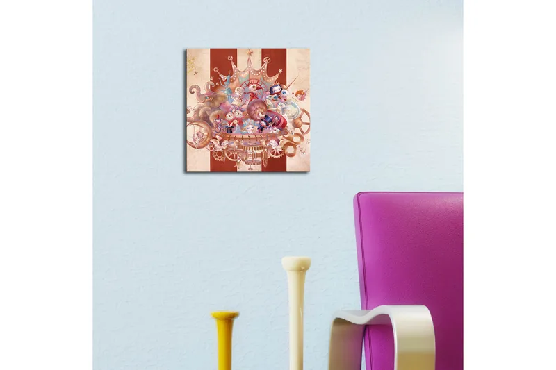 Canvas-taulu LED-valaistuksella 28x28 cm - Mielikuvituksellinen sommitelma leikkisillä hahmoilla ja mekaanisilla yksityiskohdilla - Punainen / Beige / Sininen - Sisustustuotteet - Taulu & taide - Canvas-taulu