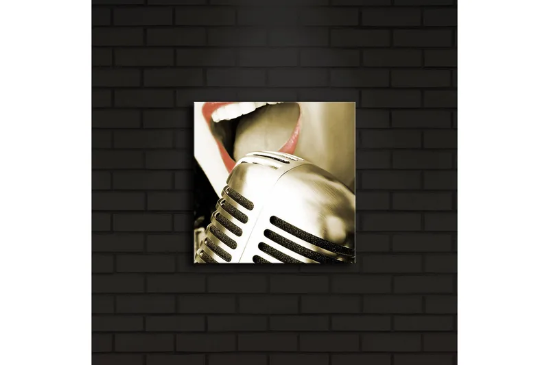 Canvas-taulu LED-valaistuksella 28x28 cm - Mikrofoni, jossa laulajan suu tarkennettuna - Hopea / Punainen / Musta - Sisustustuotteet - Taulu & taide - Canvas-taulu