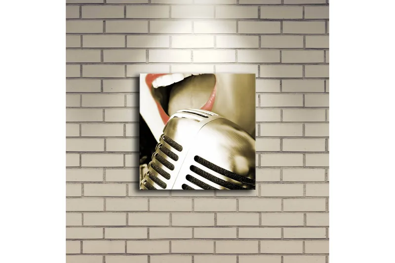 Canvas-taulu LED-valaistuksella 28x28 cm - Mikrofoni, jossa laulajan suu tarkennettuna - Hopea / Punainen / Musta - Sisustustuotteet - Taulu & taide - Canvas-taulu