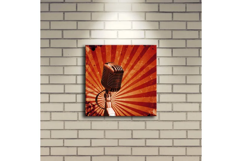 Canvas-taulu LED-valaistuksella 28x28 cm - Mikrofoni säteillä taustalla - Punainen / Musta / Harmaa - Sisustustuotteet - Taulu & taide - Canvas-taulu