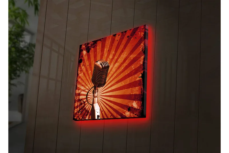 Canvas-taulu LED-valaistuksella 28x28 cm - Mikrofoni säteillä taustalla - Punainen / Musta / Harmaa - Sisustustuotteet - Taulu & taide - Canvas-taulu