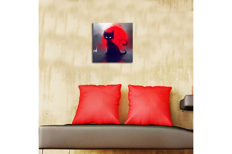 Canvas-taulu LED-valaistuksella 28x28 cm - Musta kissa punaista auringonlaskua vasten - Musta / Punainen / Harmaa - Sisustustuotteet - Taulu & taide - Canvas-taulu