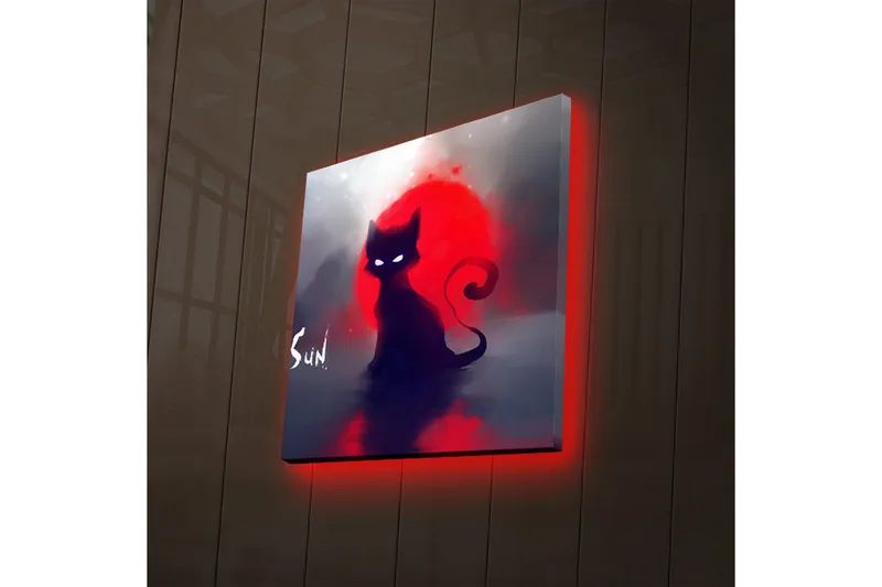 Canvas-taulu LED-valaistuksella 28x28 cm - Musta kissa punaista auringonlaskua vasten, Musta / Punainen / Harmaa