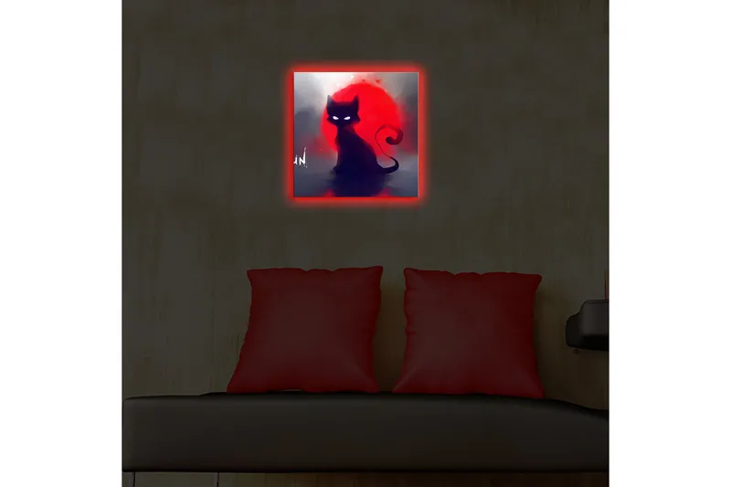 Canvas-taulu LED-valaistuksella 28x28 cm - Musta kissa punaista auringonlaskua vasten - Musta / Punainen / Harmaa - Sisustustuotteet - Taulu & taide - Canvas-taulu