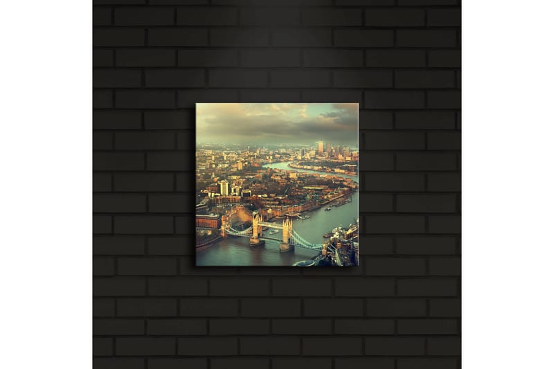 Canvas-taulu LED-valaistuksella 28x28 cm - Näkymä kaupunkiin, jokeen ja siltoihin - Vihreä / Sininen / Beige - Sisustustuotteet - Taulu & taide - Canvas-taulu