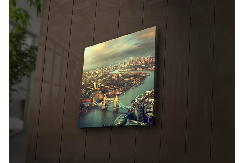 Canvas-taulu LED-valaistuksella 28x28 cm - Näkymä kaupunkiin, jokeen ja siltoihin, Vihreä / Sininen / Beige