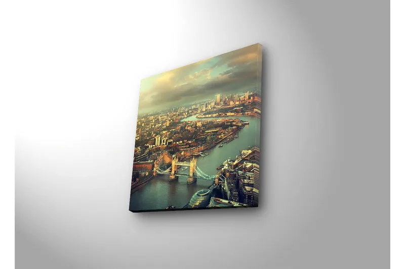 Canvas-taulu LED-valaistuksella 28x28 cm - Näkymä kaupunkiin, jokeen ja siltoihin - Vihreä / Sininen / Beige - Sisustustuotteet - Taulu & taide - Canvas-taulu