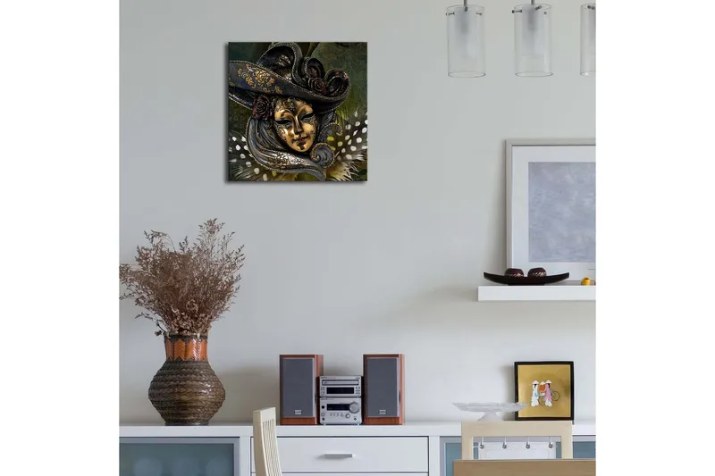 Canvas-taulu LED-valaistuksella 28x28 cm - Naamioitu kasvot yksityiskohtaisella hatulla ja kukilla - Kulta / Tummansininen / Vihreä - Sisustustuotteet - Taulu & taide - Canvas-taulu