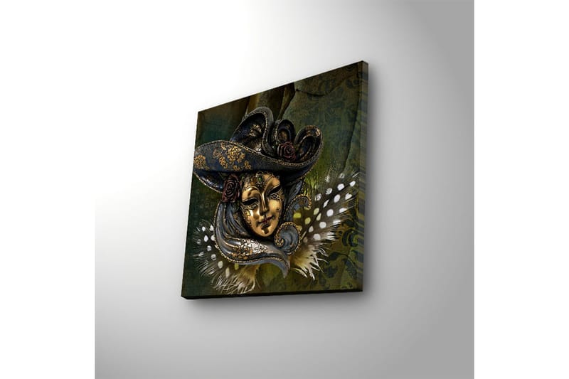 Canvas-taulu LED-valaistuksella 28x28 cm - Naamioitu kasvot yksityiskohtaisella hatulla ja kukilla - Kulta / Tummansininen / Vihreä - Sisustustuotteet - Taulu & taide - Canvas-taulu