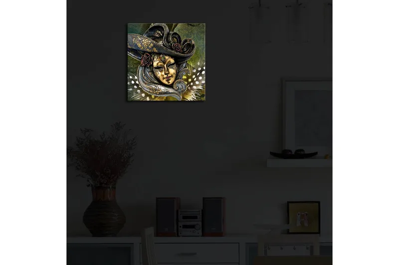 Canvas-taulu LED-valaistuksella 28x28 cm - Naamioitu kasvot yksityiskohtaisella hatulla ja kukilla - Kulta / Tummansininen / Vihreä - Sisustustuotteet - Taulu & taide - Canvas-taulu