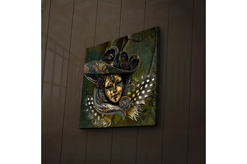 Canvas-taulu LED-valaistuksella 28x28 cm - Naamioitu kasvot yksityiskohtaisella hatulla ja kukilla, Kulta / Tummansininen / Vihreä