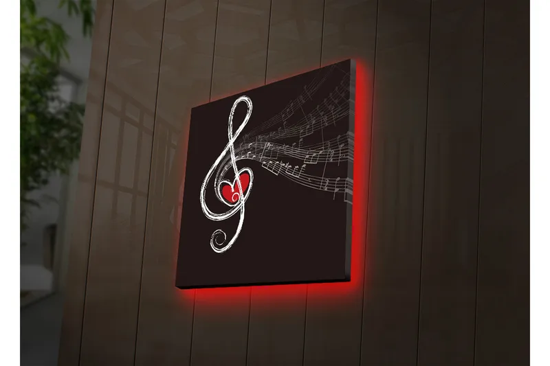 Canvas-taulu LED-valaistuksella 28x28 cm - Nuottisymboli sydämellä ja nuoteilla, Musta / Valkoinen / Punainen
